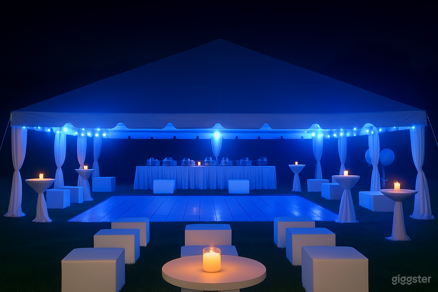 This image showcases a transformed backyard featuring a large tent, vibrant blue lighting, a dance floor, and elegant seating.