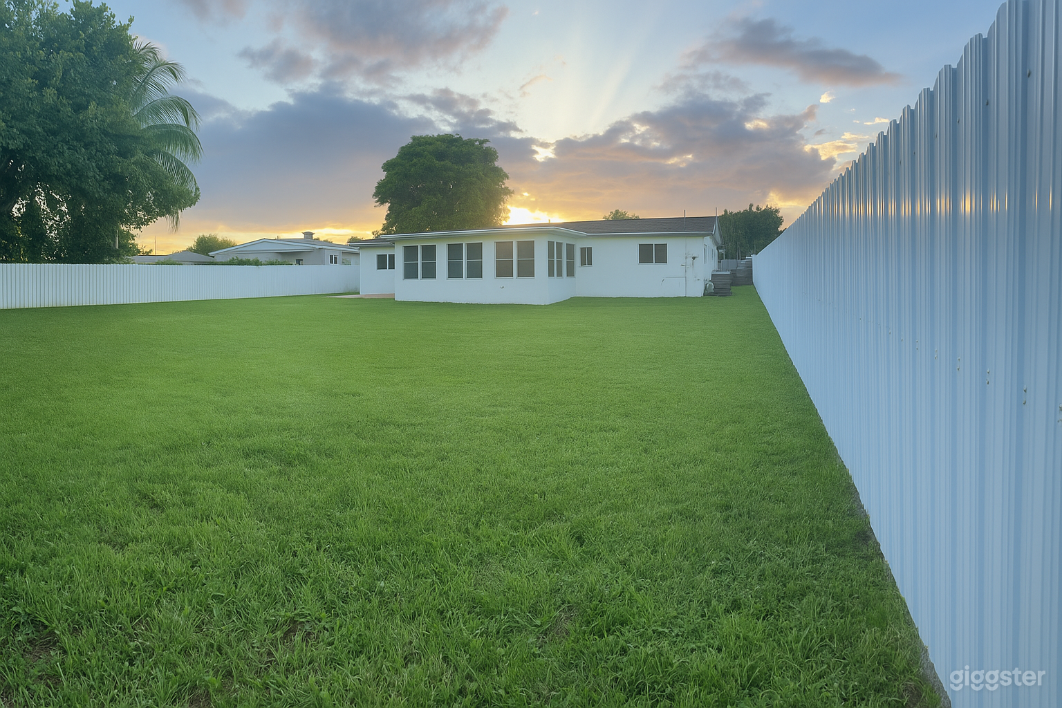 Spacious private backyard with a fresh green lawn and clean white fencing.