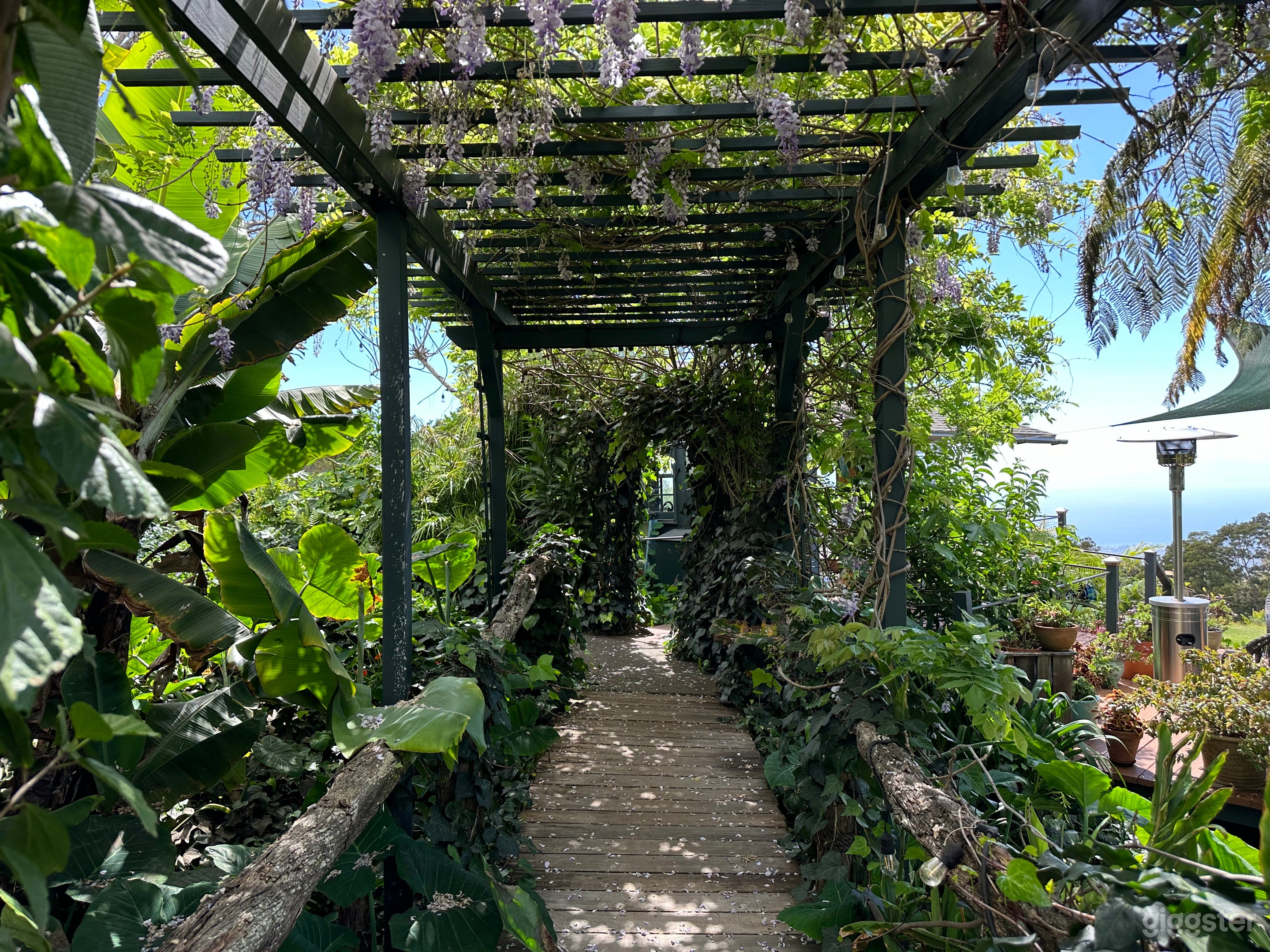 Wisteria bridge overlooks our waterfall deck on the way to our Jasmine Airbnb