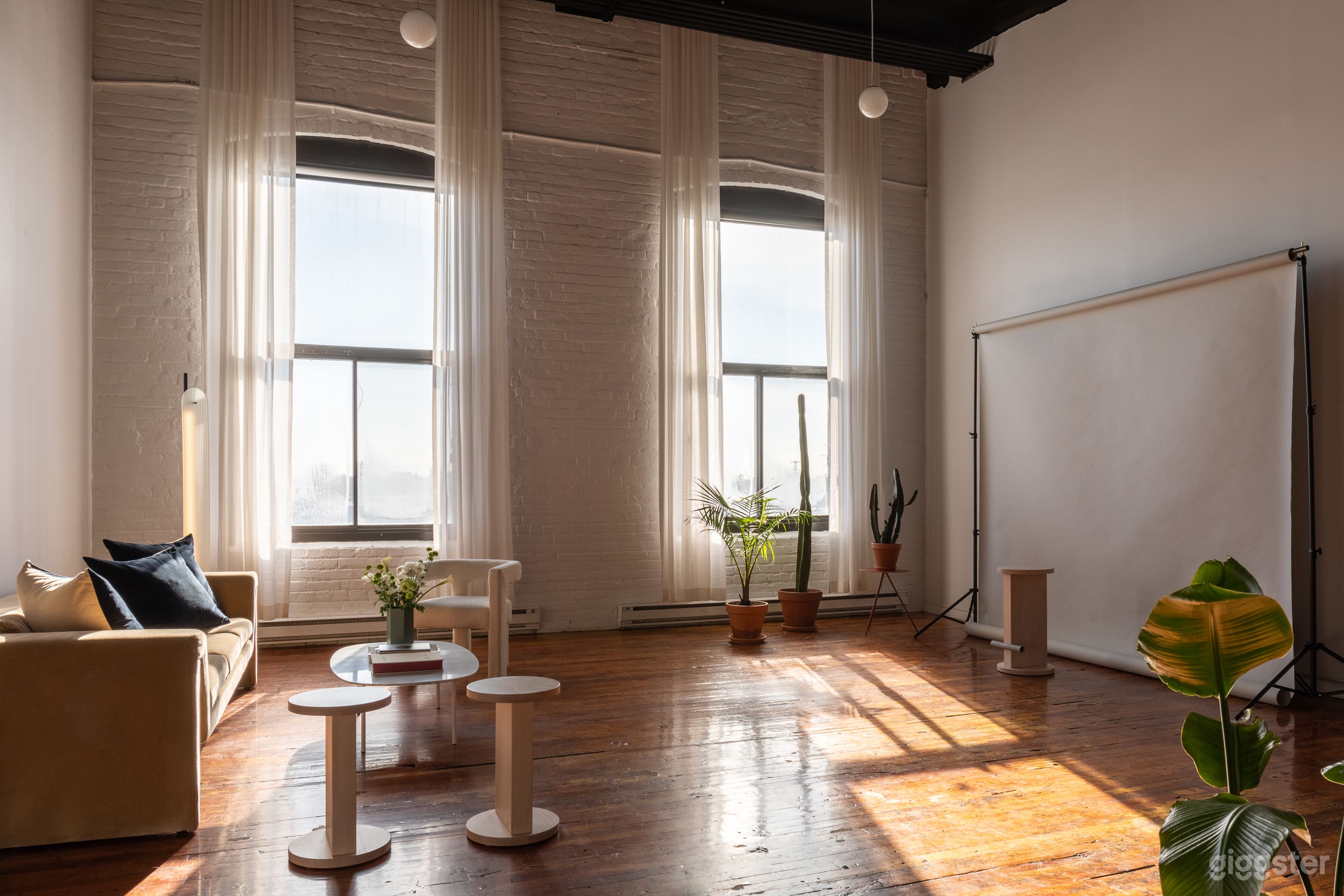 Beautifully furnished corner with studio features such as backdrops and blackout shades.