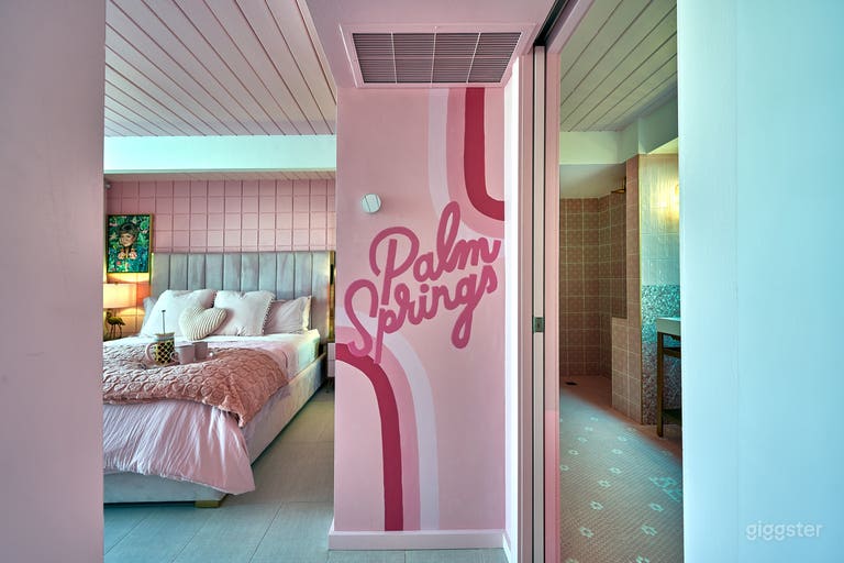  Palm Springs mural dividing the bedroom and bathroom 