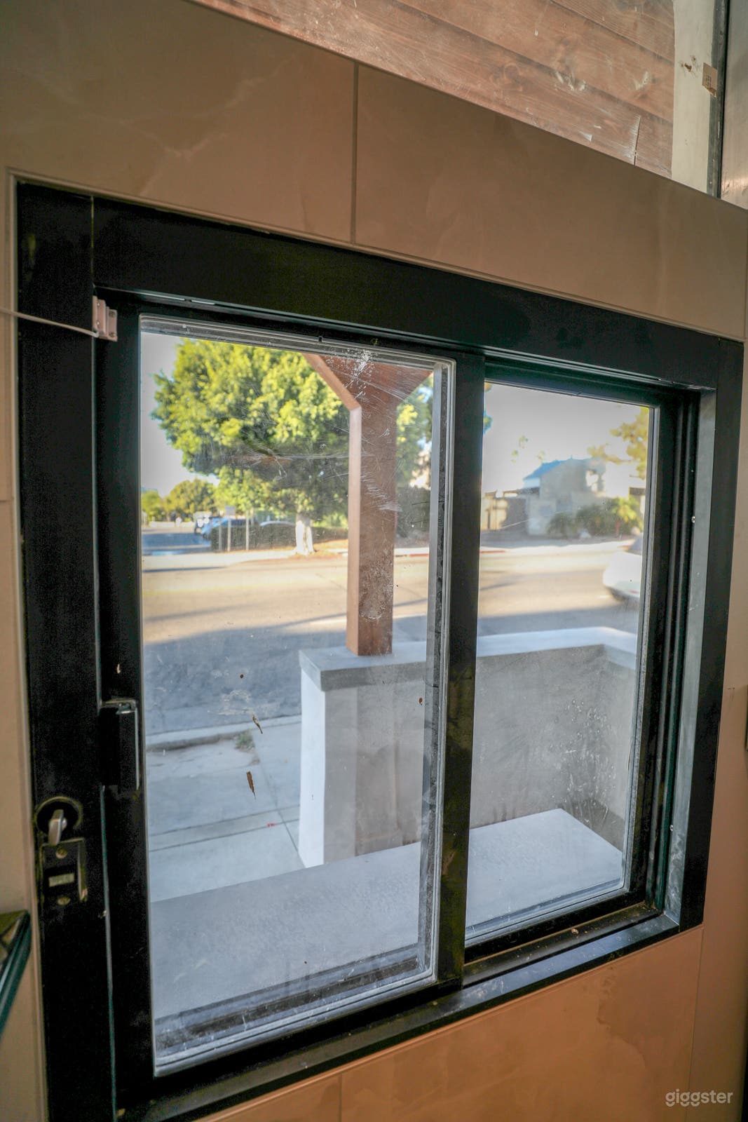 Transaction window from inside, with air curtain.
