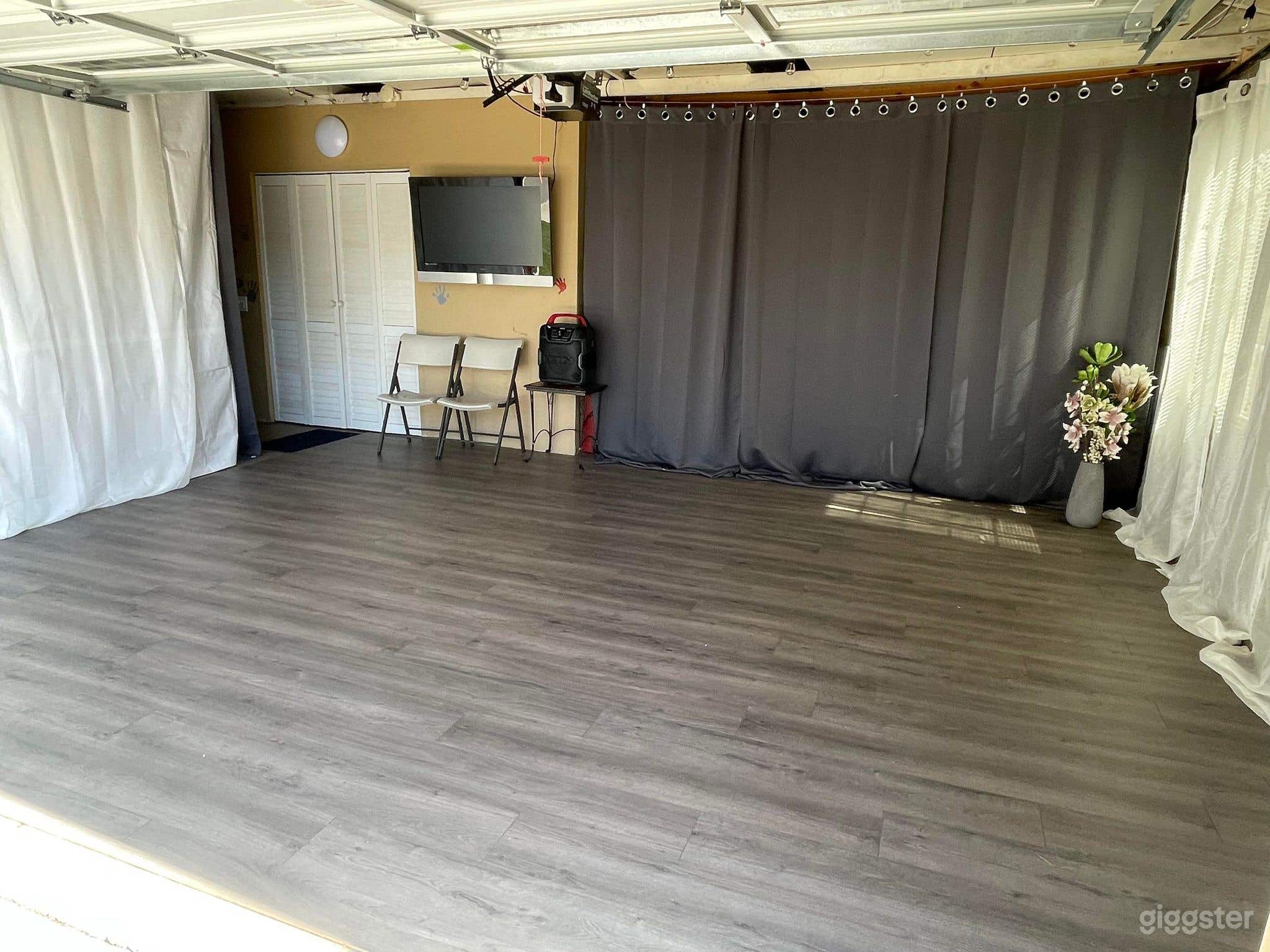 Natural light with window on garage door.