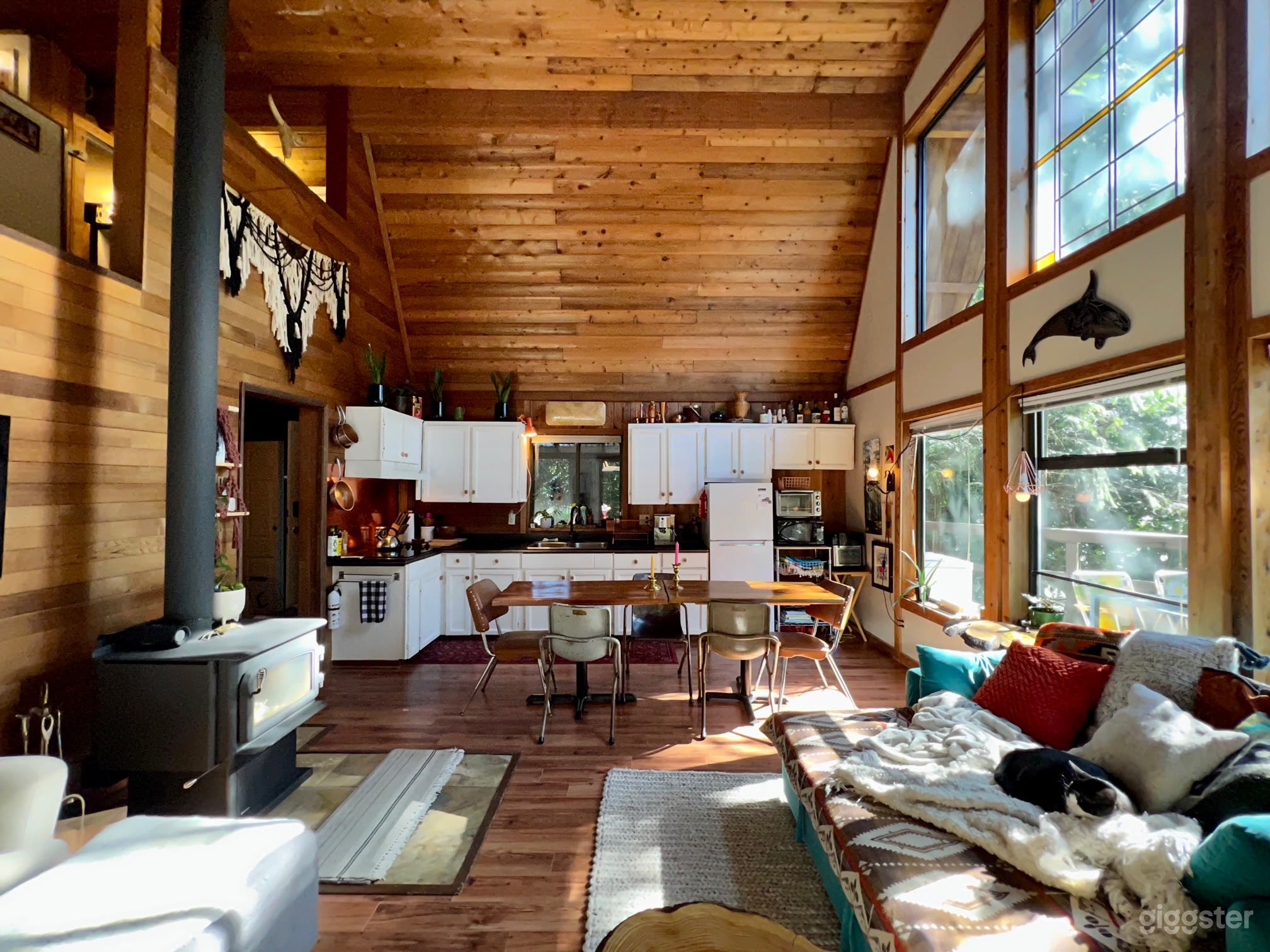 central wood stove &amp; cozy wood panels