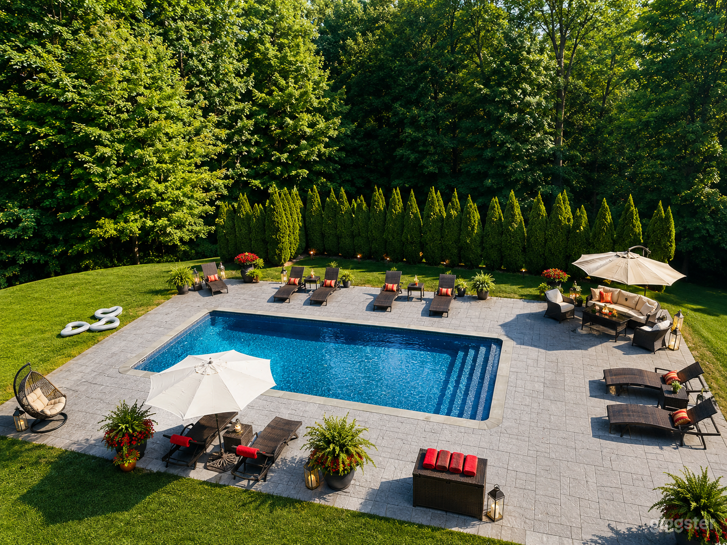 Ampia terrazza con piscina con molteplici aree per rilassarsi e riunirsi, creando un ambiente esterno versatile per riprese e fotografia.