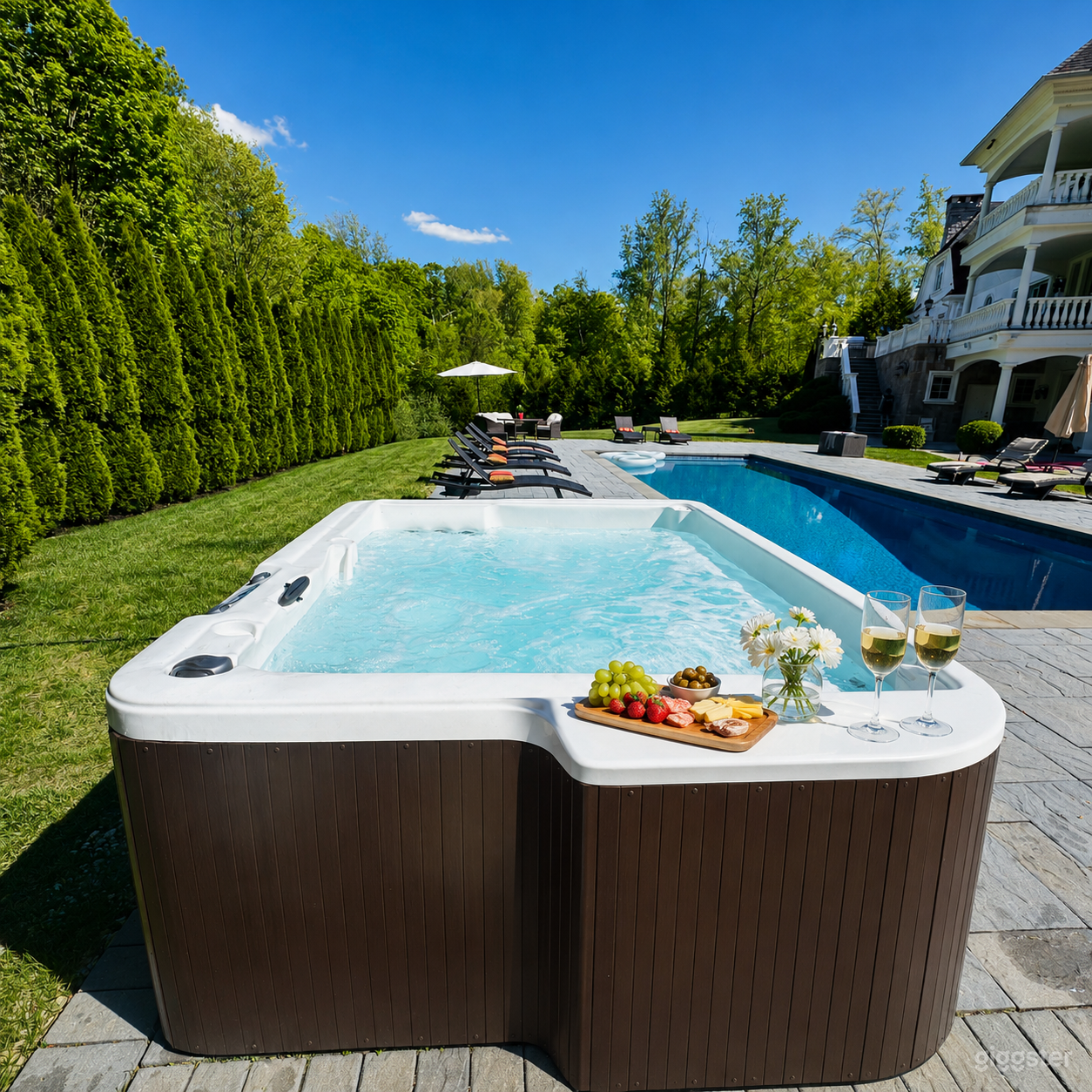 Elegant poolside setting featuring a hot tub, expansive deck, and lush greenery—ideal for lifestyle, hospitality, and commercial productions.