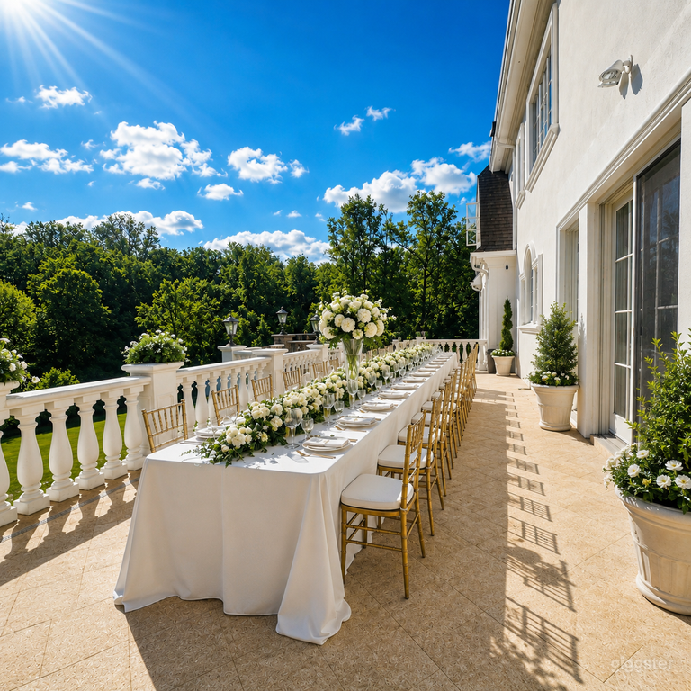  Elegant outdoor terrace featuring a long dining setup, classic balustrades, and scenic estate views—ideal for luxury entertaining scenes, weddings, and lifestyle productions. 