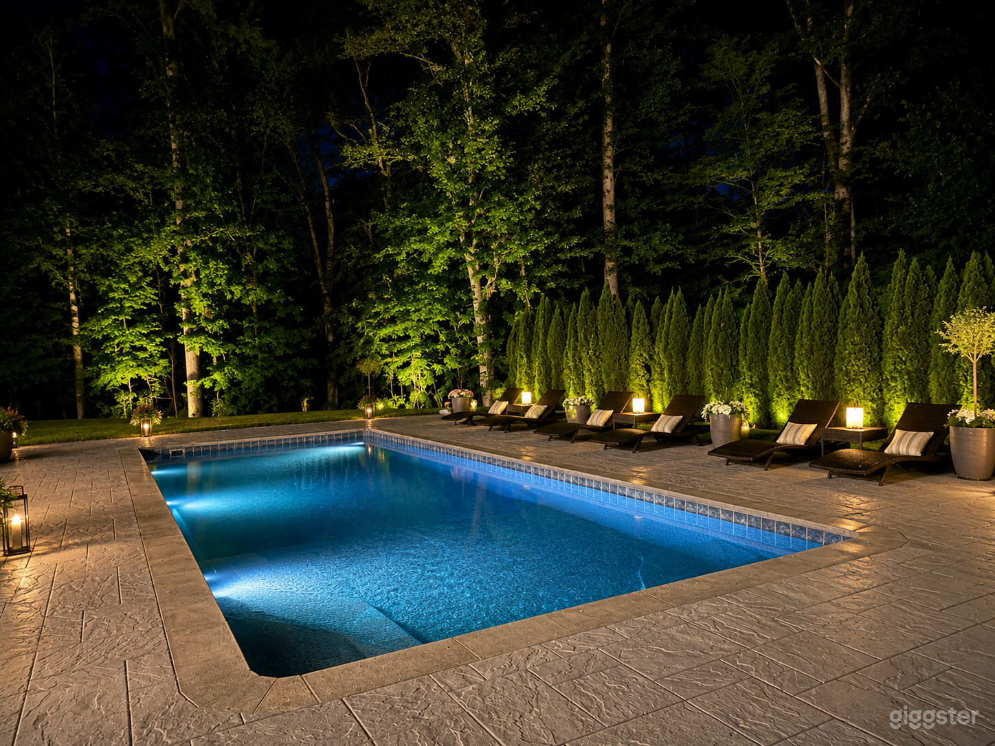 Resort-style pool illuminated at night, creating a dramatic and elegant setting for evening productions, luxury scenes, and commercial shoots.