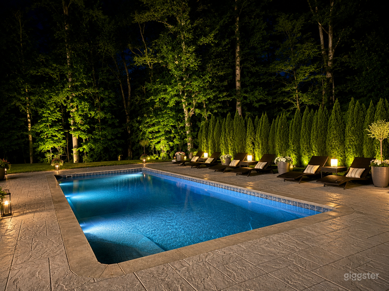  Resort-style pool illuminated at night, creating a dramatic and elegant setting for evening productions, luxury scenes, and commercial shoots. 