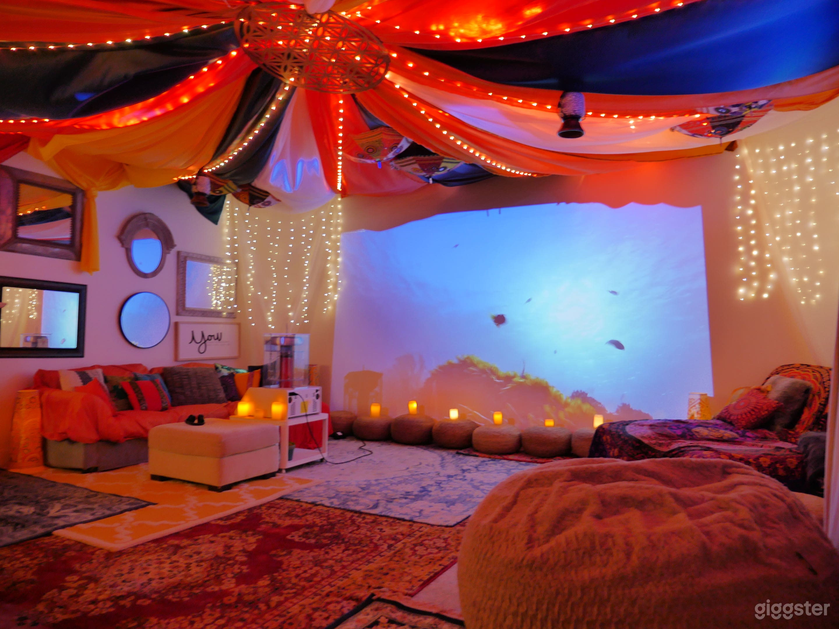 Our Rental Space comes with surround sound and a full wall projector! Perfect for movie nights and more!