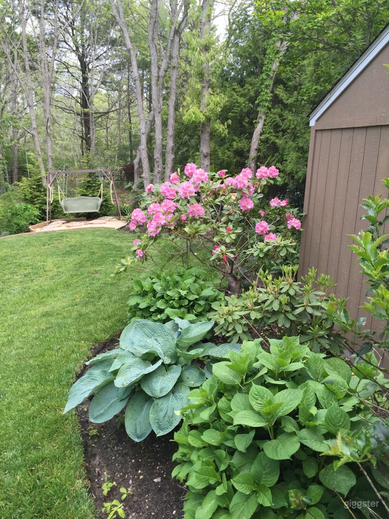  backyard double swing at the far end of the grassy play area 
