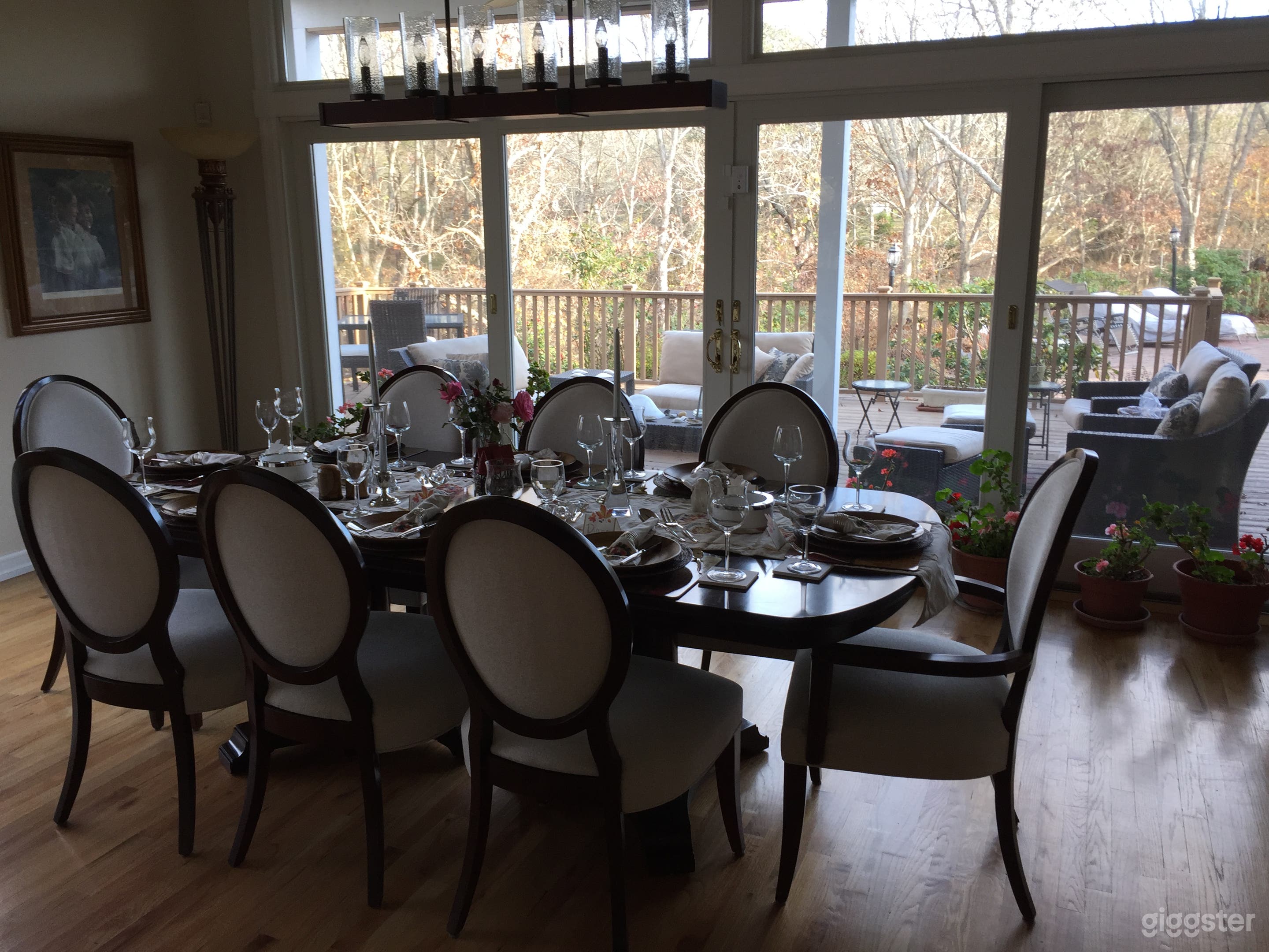 dining room opens on to main deck through two four foot sliding doors.