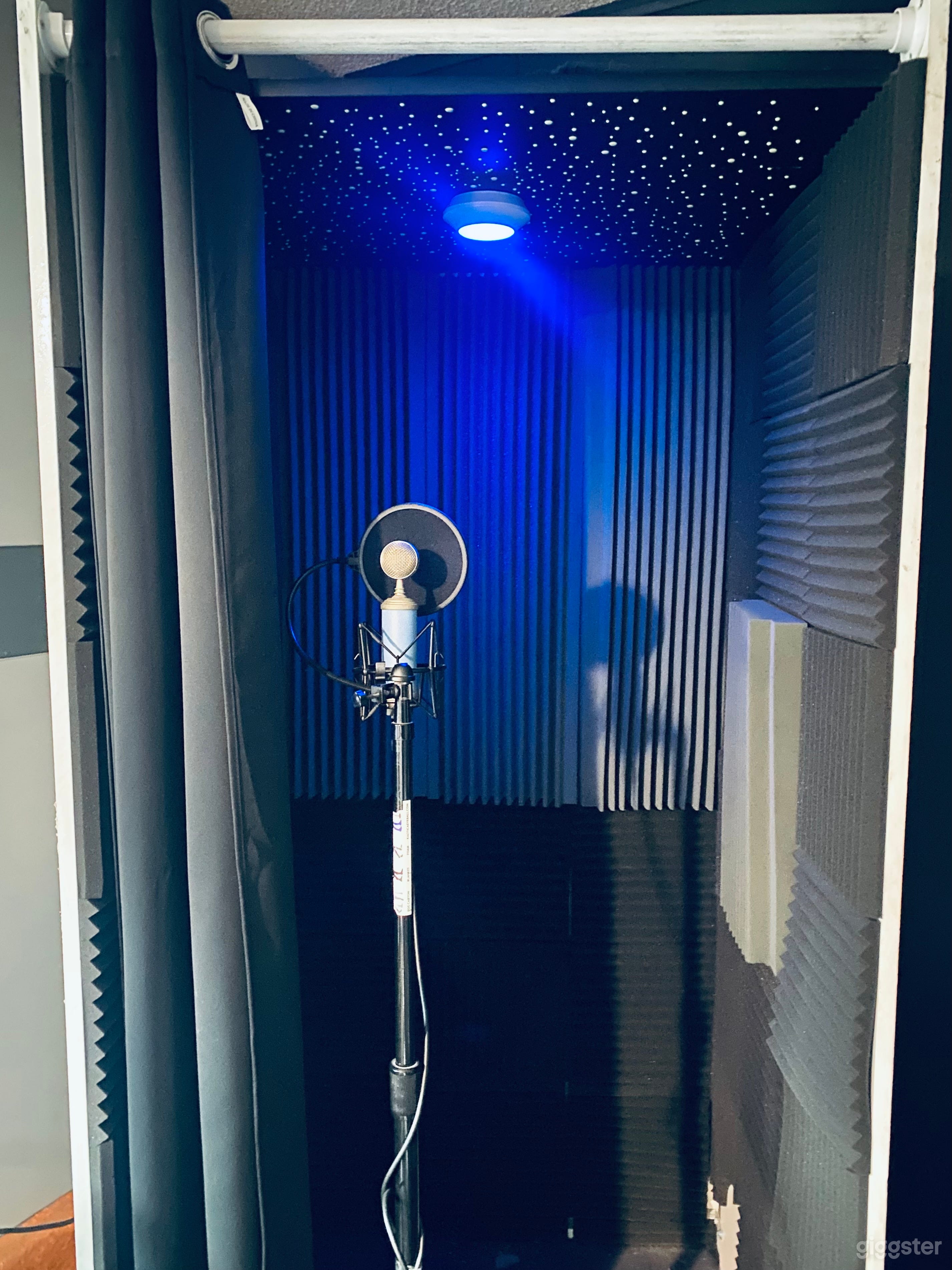 Home made vocal booth. Blue bluebird microphone, kaotica eyeball, professional grade sounds proofing for quality sound.