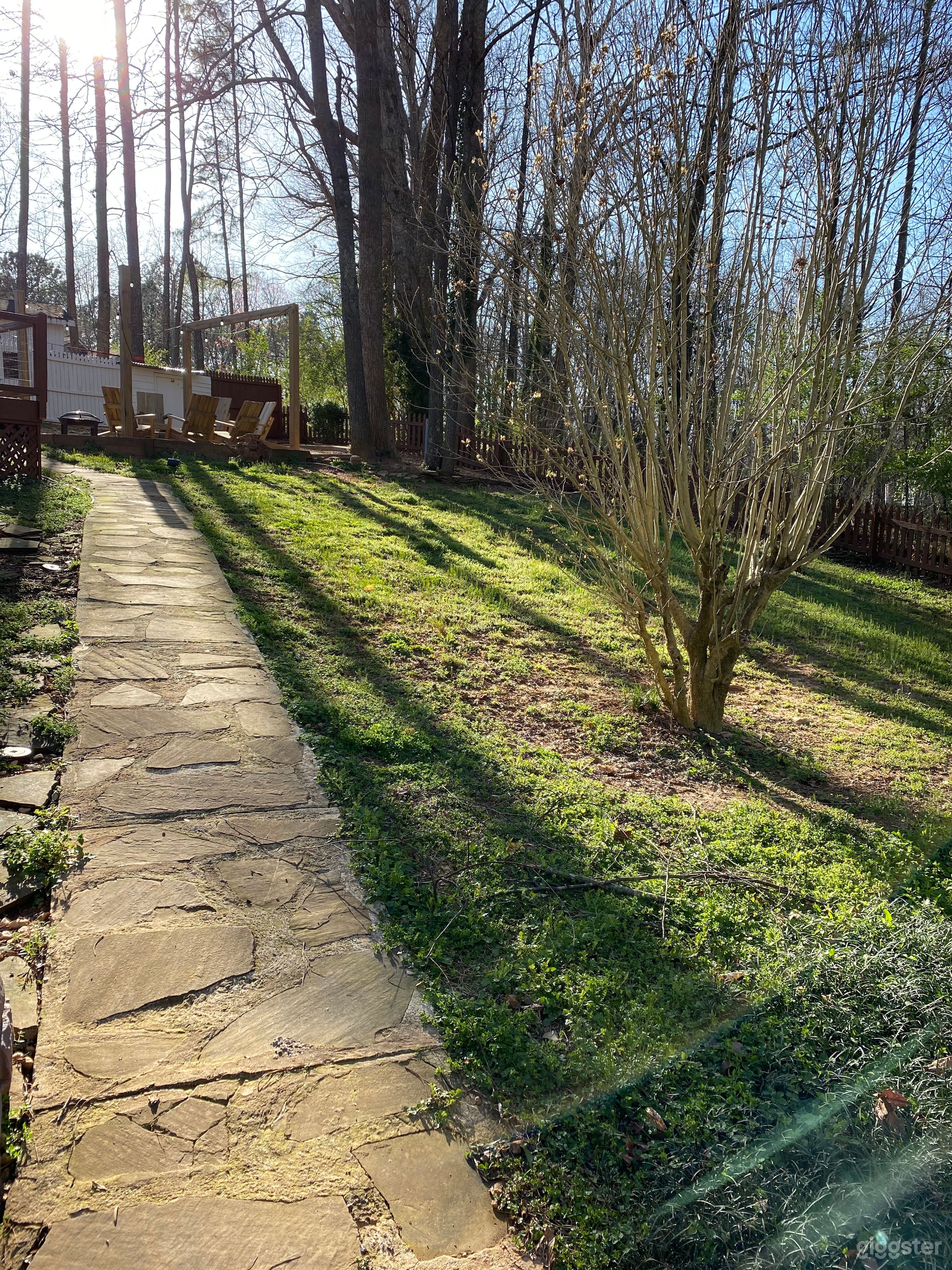 Back yard with fire pit and chicken coop