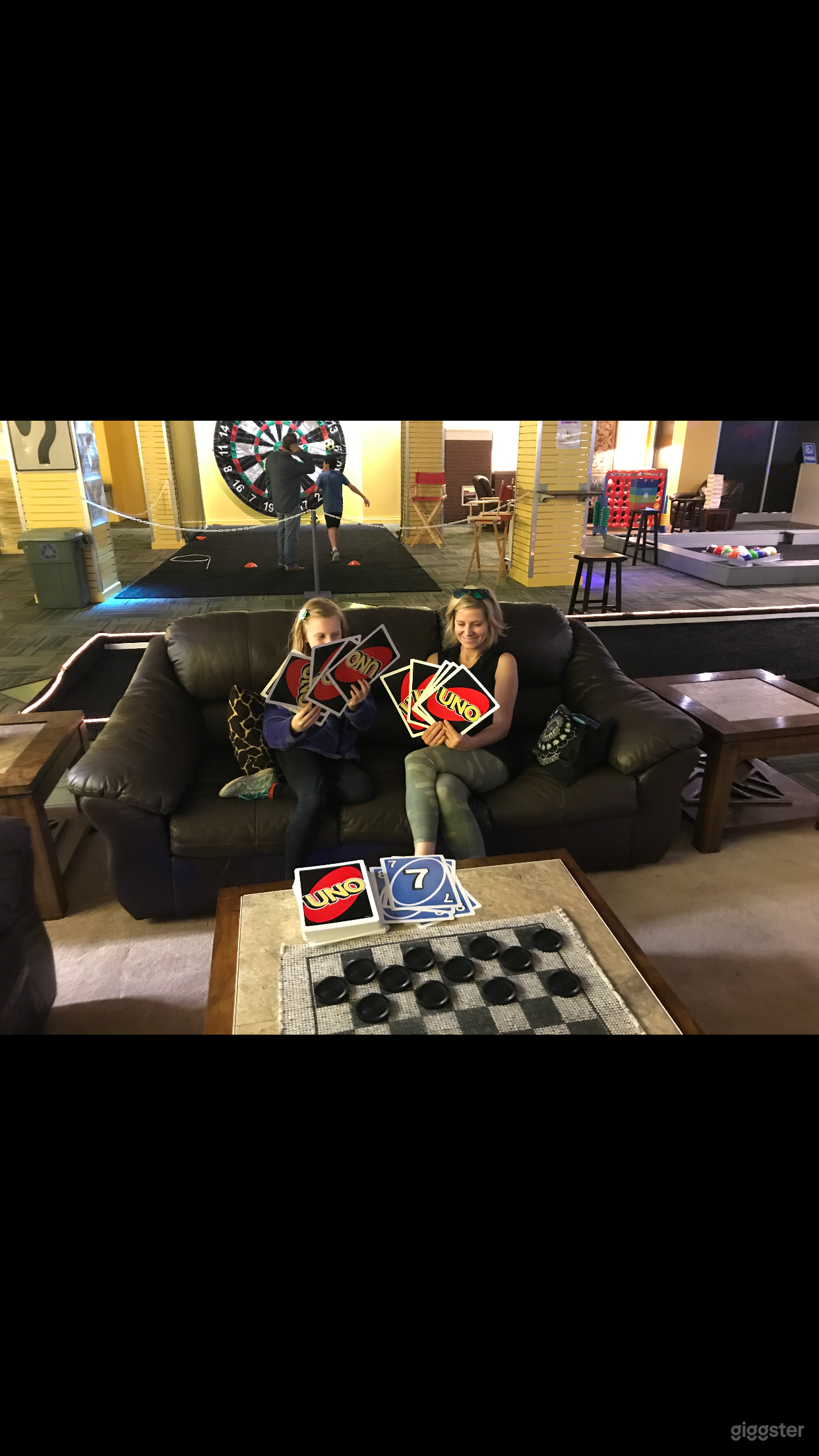 Lounge area with Giant Uno, Giant Connect 4, Giant Checkers and Giant Jenga