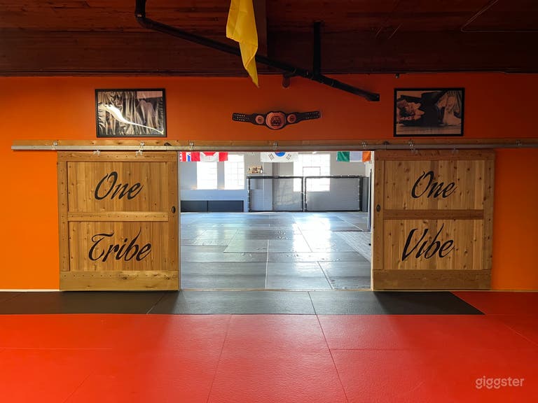  These custom built barn style doors help to separate the two rooms and their open  concept make it easy to transform the room into separate sets. 