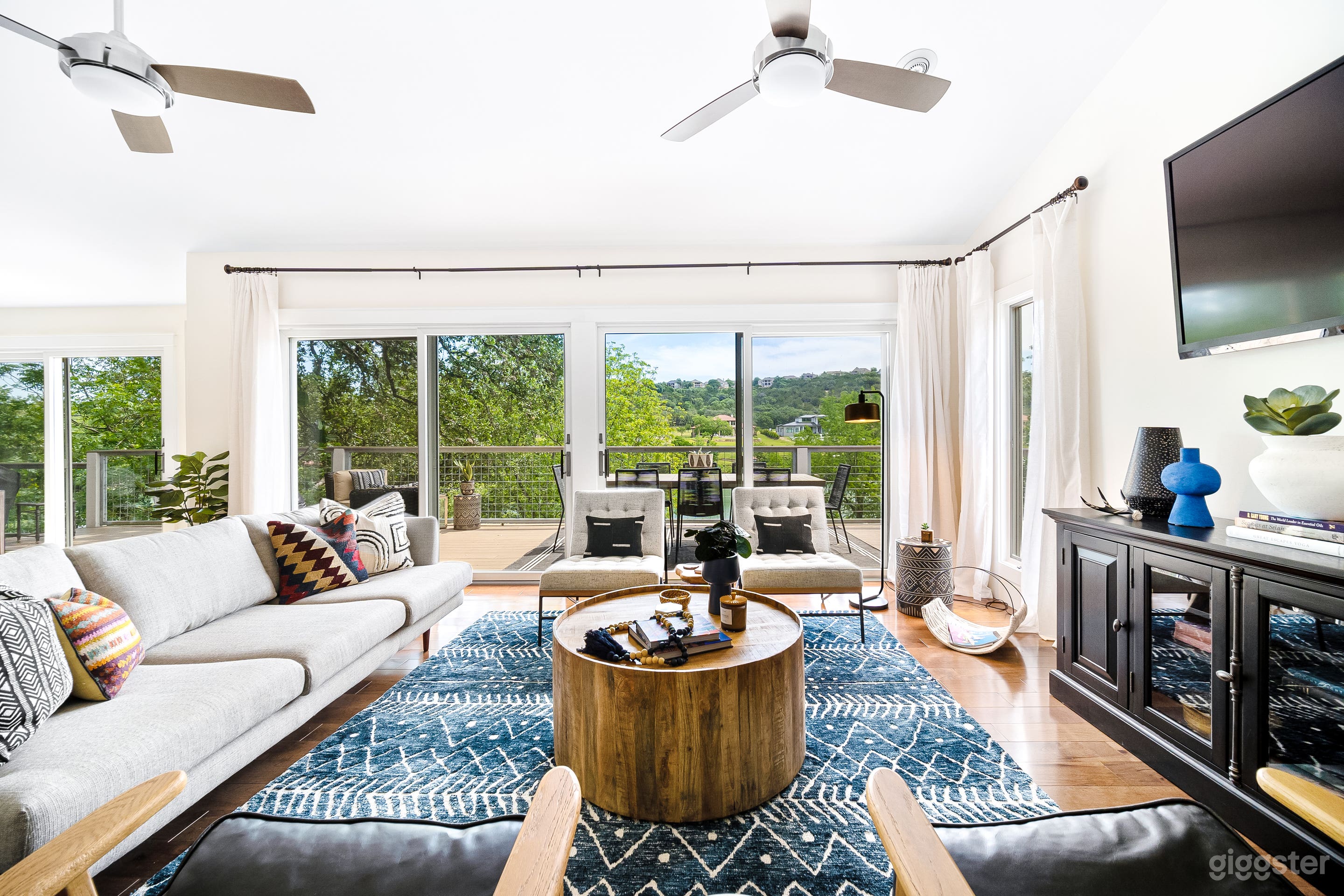 A serene living area with breathtaking lake views.