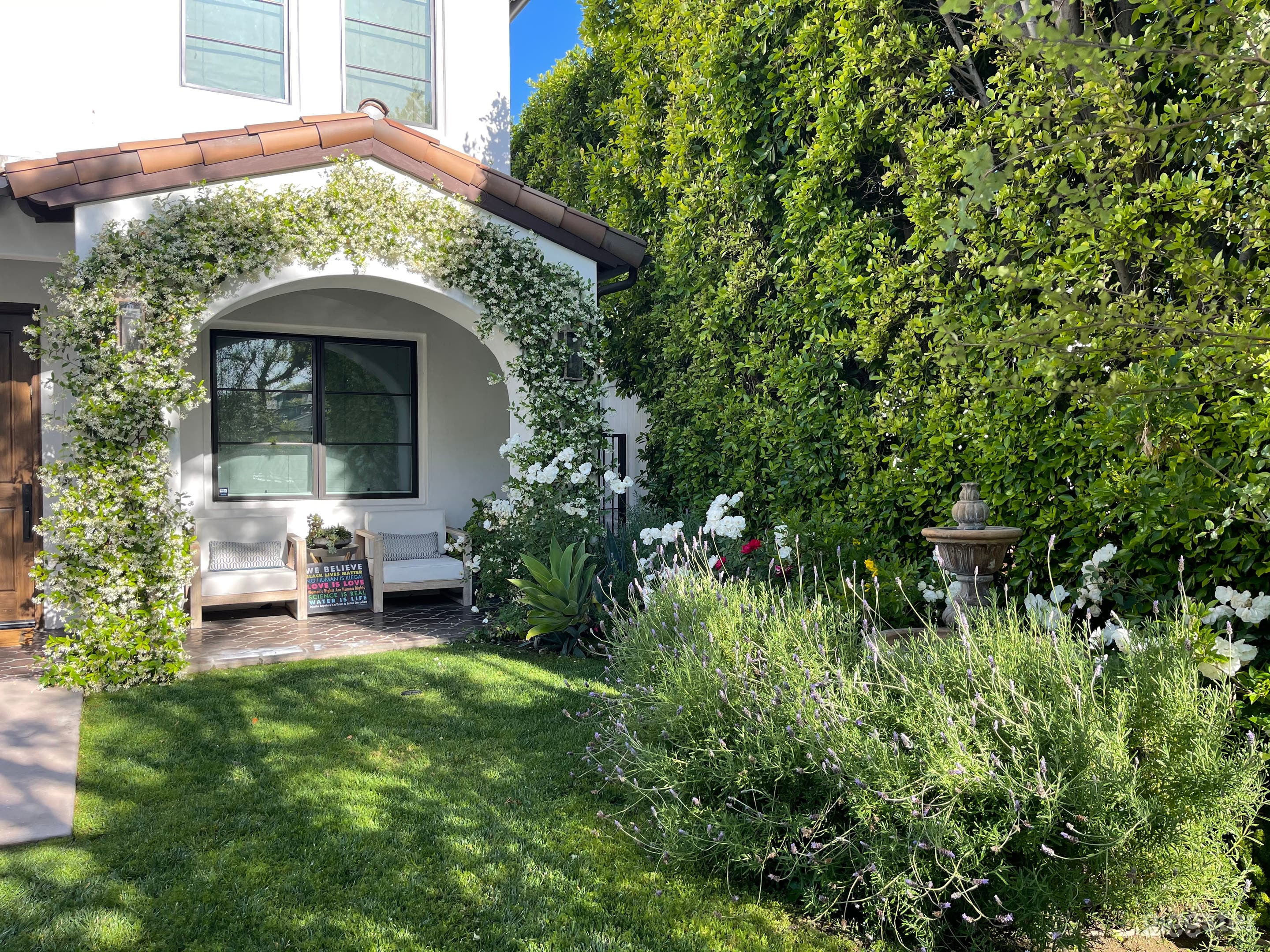 Front of house with grown ivy arch