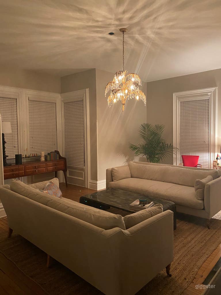  Living room with French Hollywood Regency chandelier ( now has a ceiling medallion. 