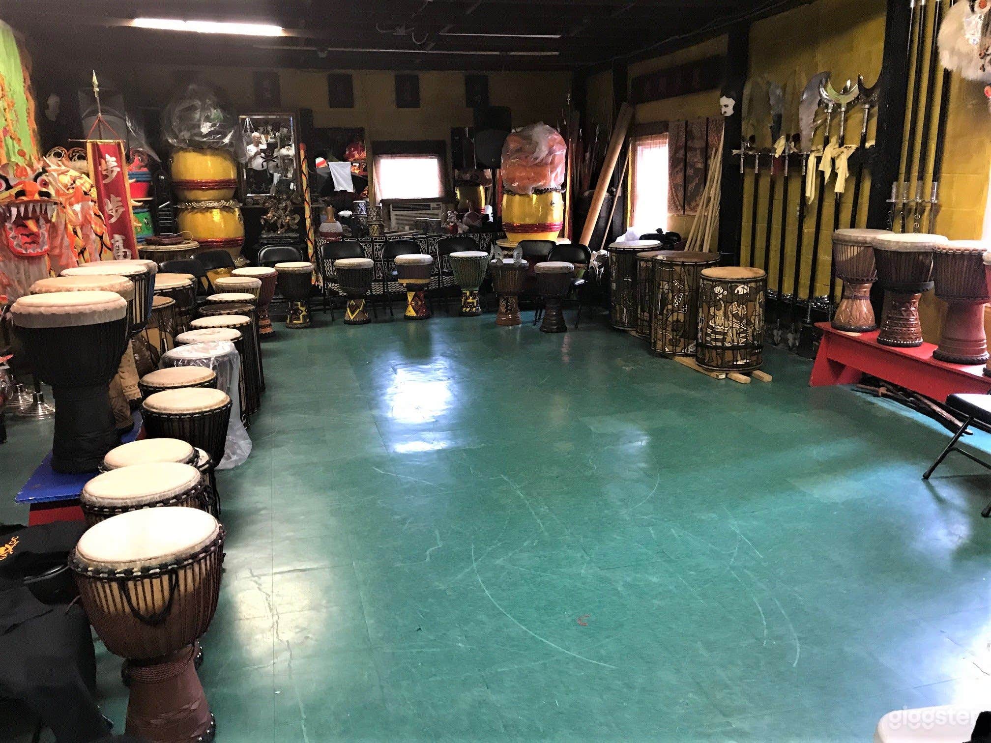 Studio set up for African drumming workshop.