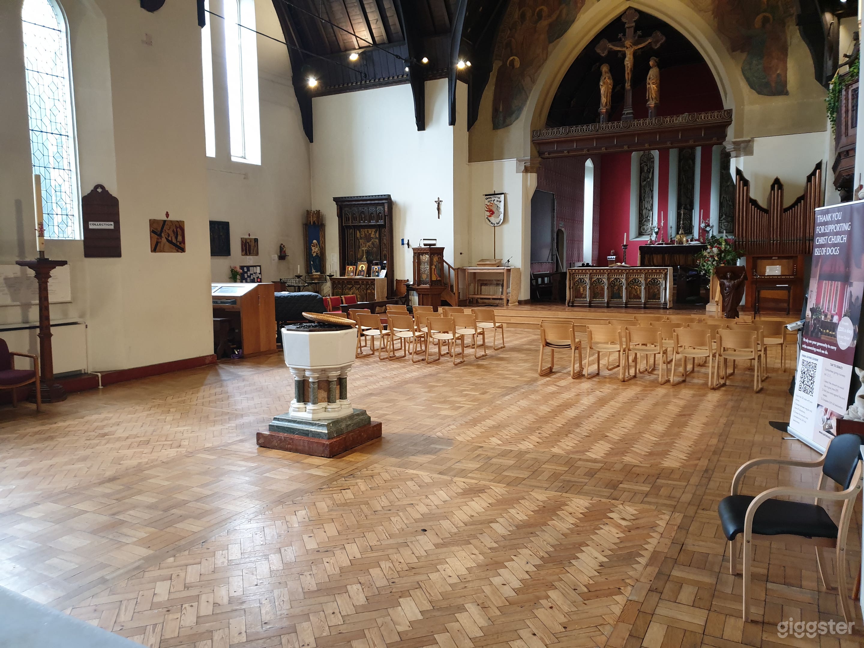Large, attractive, flexible space, with woodblock floor, lancet windows and dark oak panelling