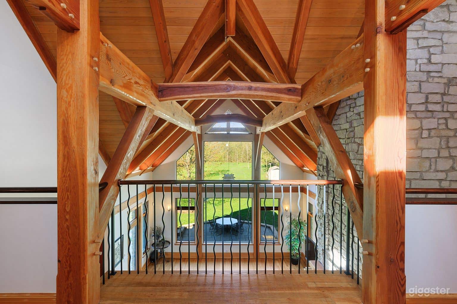 Custom heavy timber frame structure soars to 20+ feet.  This hand cut, true timber exposed structure consists of Douglas Fir beams, Ash pegs and Cherry wood splines and Taiko Beams which connect the major purlins.  Clear Cypress ceiling decking.  