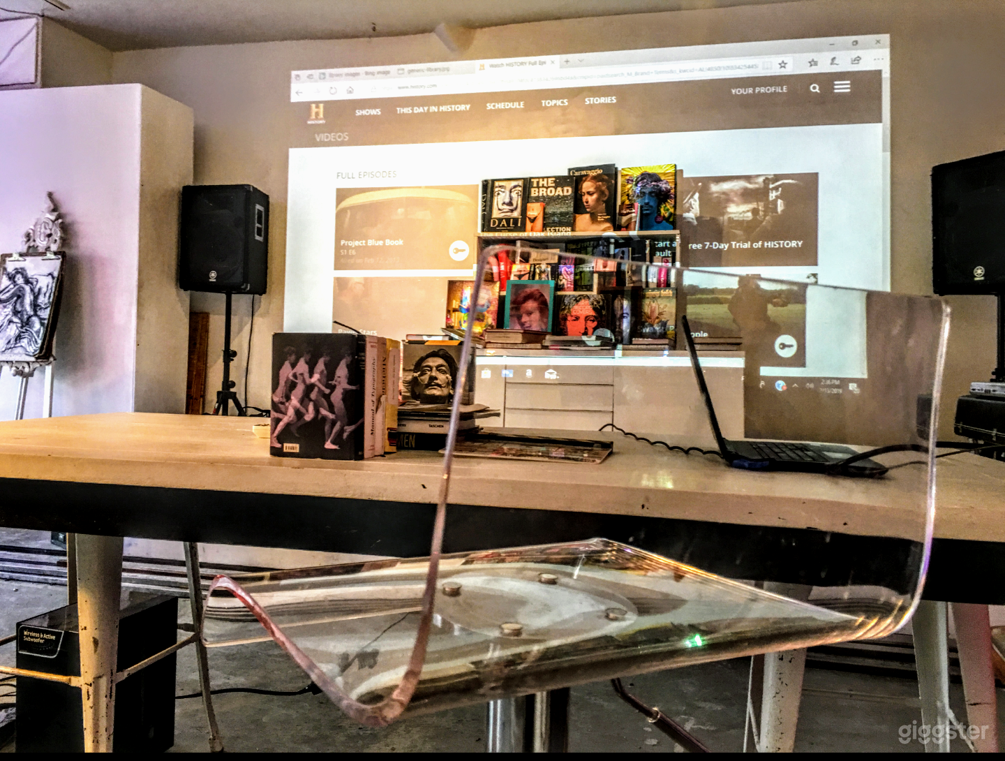 Moveable white walls in Main Studio Area/Art Gallery with polished concrete floors. All furniture is movable to create different sets and ambience through props lighting and projections for rent