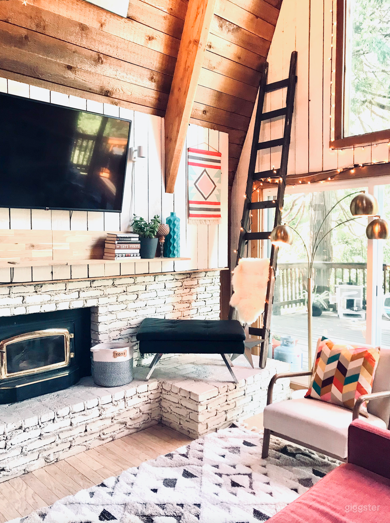  Cozy Living Room with a beautiful Mid- Century Modern fireplace and floor to ceiling windows. 