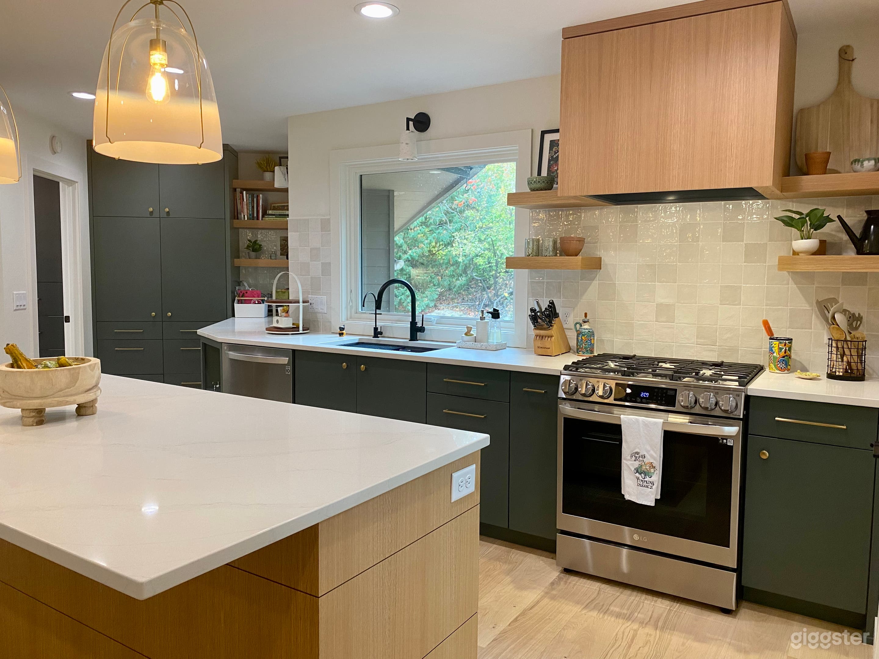 Beautiful green cabinets, large single basin black sink, views are out to private yard, 360 light coming into space 