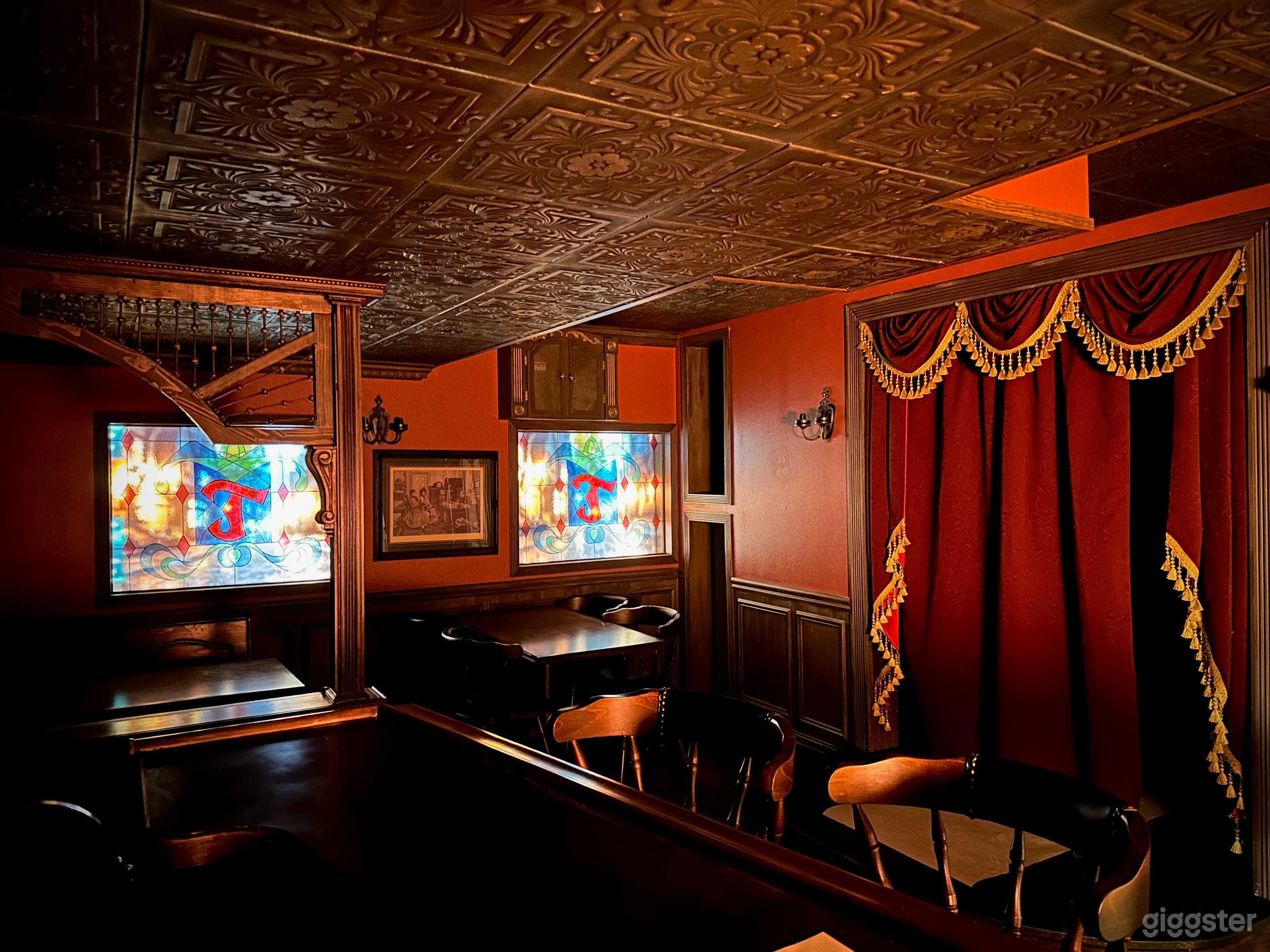 Stage, PA system, 1950's style Sure 58 microphone, stage lighting, and themed lighting throughout  