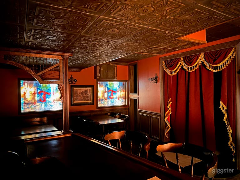  Stage, PA system, 1950&#x27;s style Sure 58 microphone, stage lighting, and themed lighting throughout   