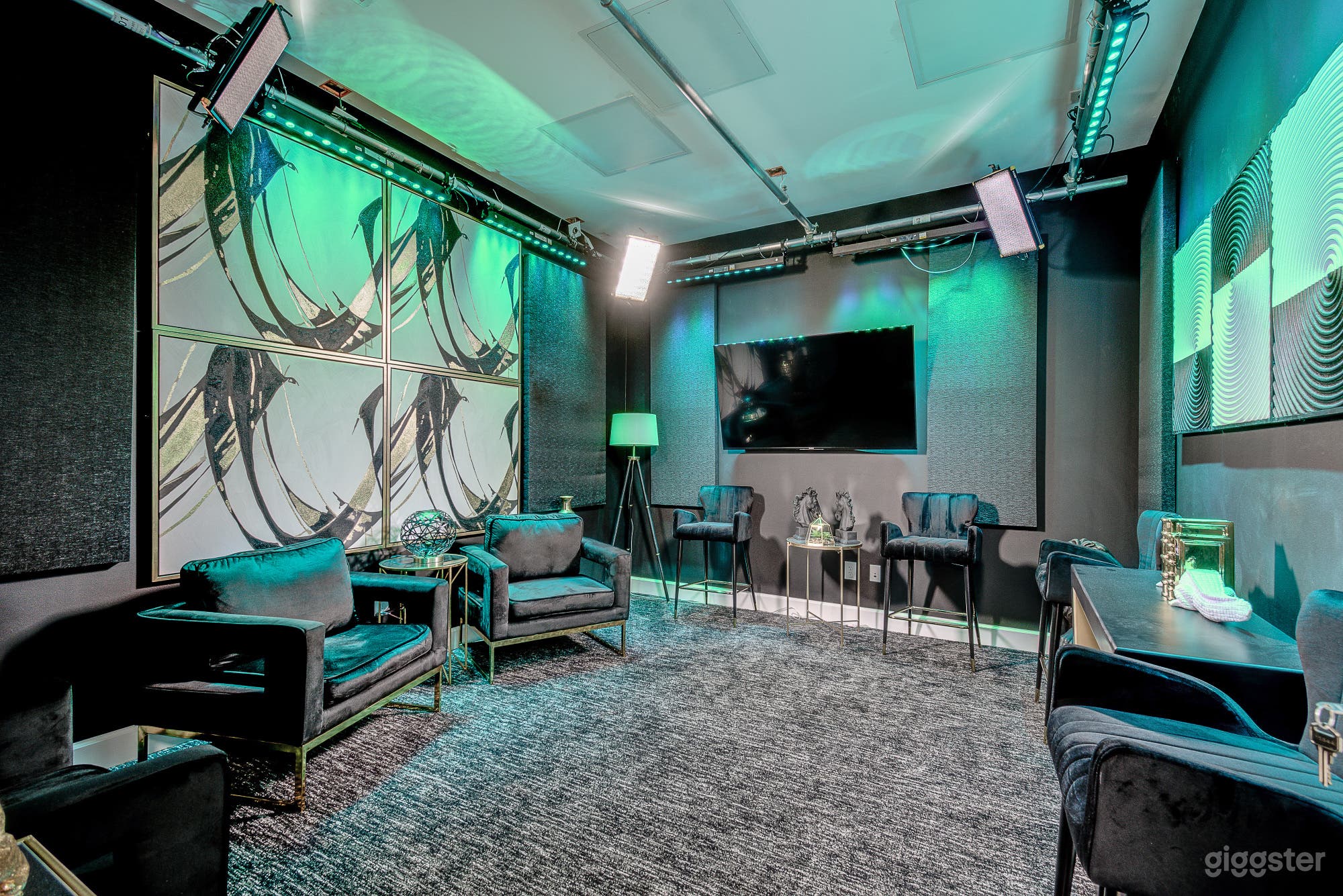 Podcast Recording Room. This room is absolutely stunning and sophisticated. With Gold decor accents, the room can be set with lighting production to your preference. 
