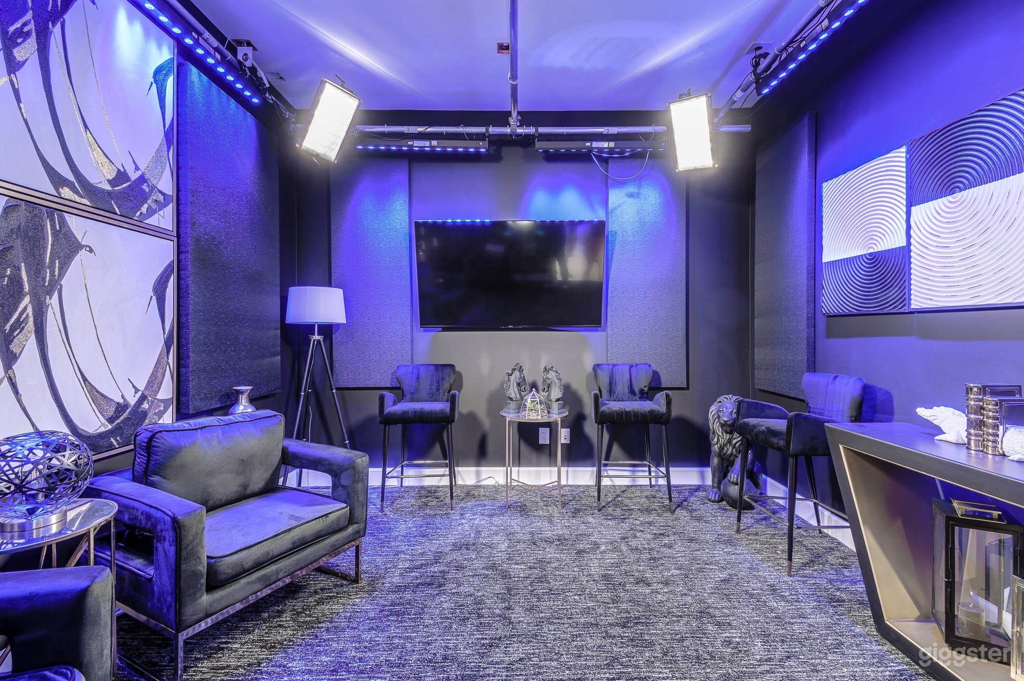 Various lighting production options to help set the ambiance and tone of your content. Each Podcast Room includes microphones, and a TV