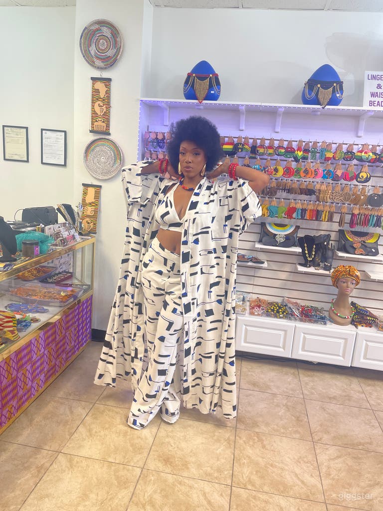  Accessories wall with model posing 