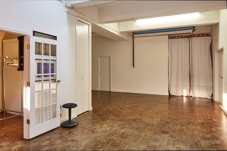  Half of the length view with the view of the wall mounted backdrops and dressing room .
length: 30ft 