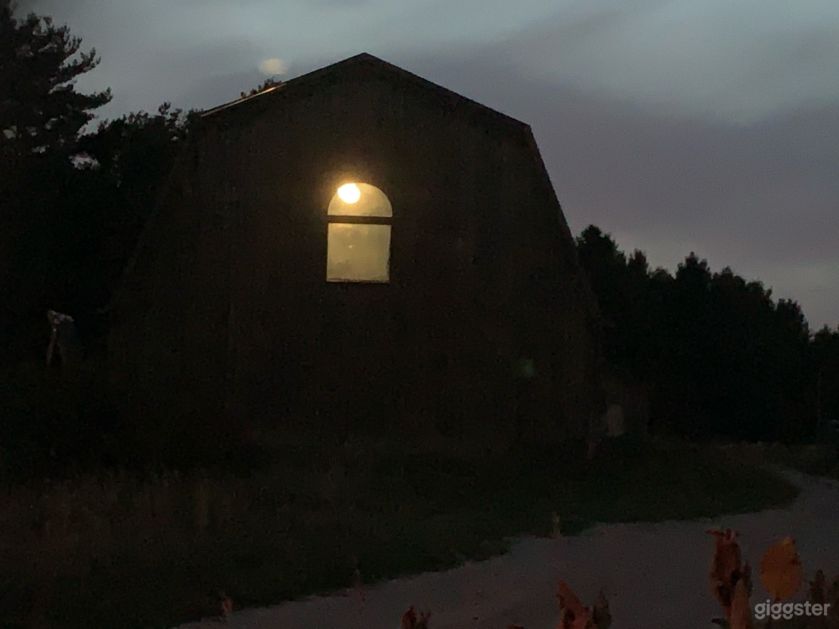 West Farm. The barn looking west with reflected moon