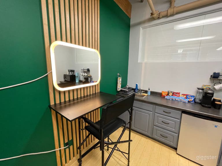  Vanity space for hair and makeup between sets. 