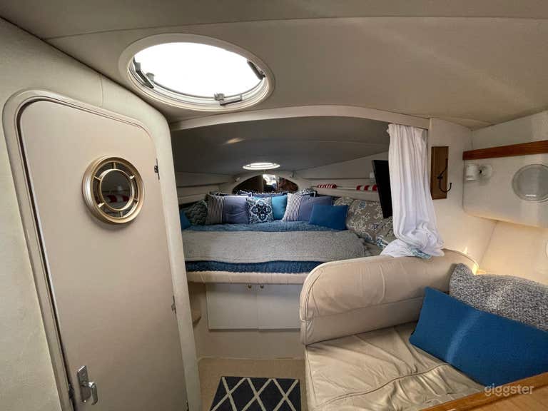  Restroom and large queen bed in V Berth 