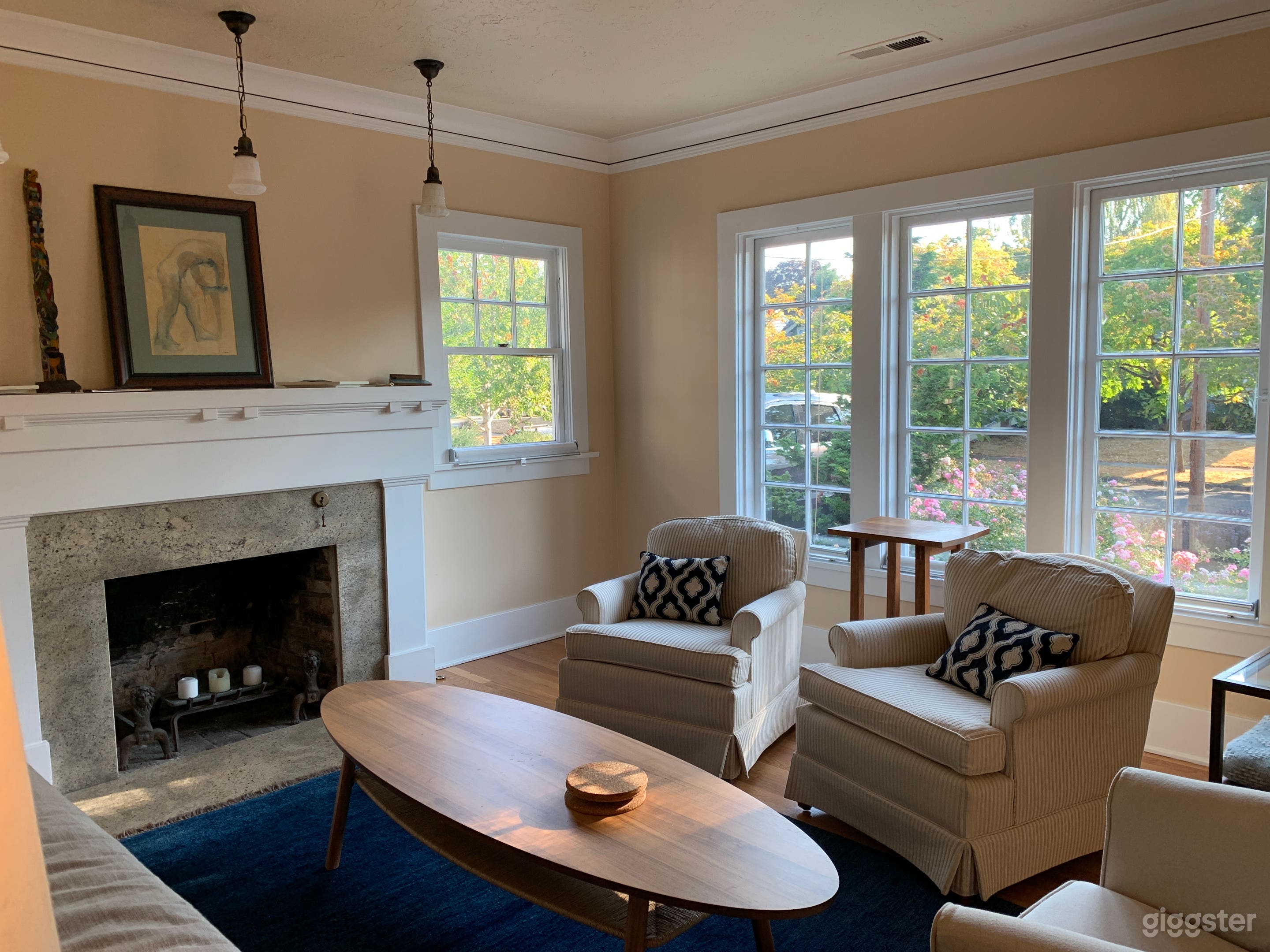 Marble fireplace with wood mantel