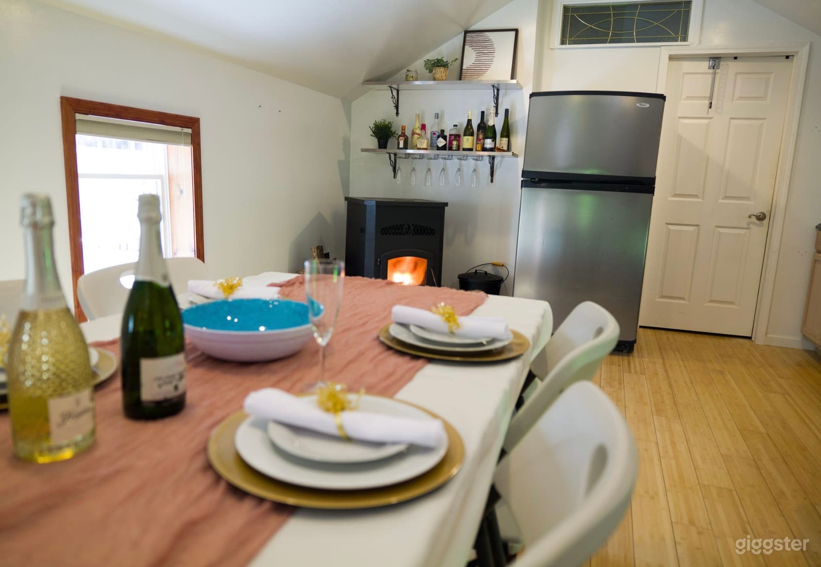 Banquet room with cozy fireplace and views