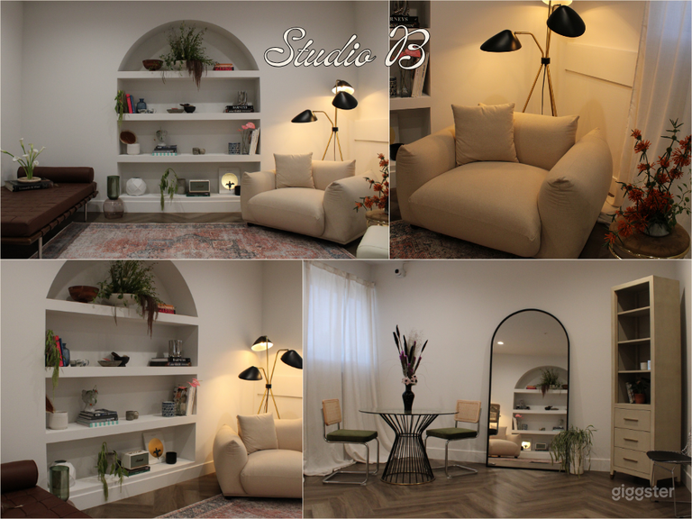  STUDIO B si trova al secondo piano, accessibile tramite due rampe di scale. Questa stanza dispone di:
- arredamento completo con decorazioni curate
- pavimento in legno
- 2 divani
- tavolo in vetro con più sedie
- specchio a figura intera
- illuminazione abbondante
- tende di lino 