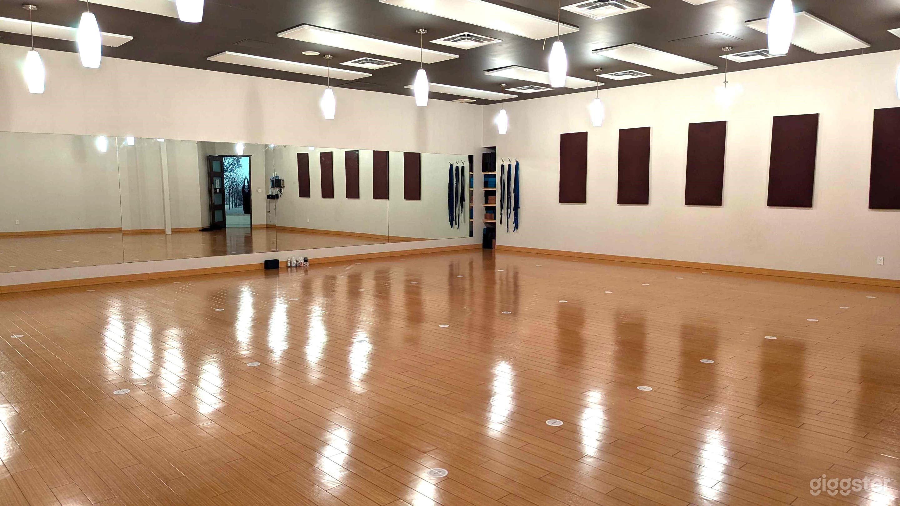 A beautifully designed open studio featuring hardwood floors, mirrored walls, and customizable lighting. Ideal for yoga classes, wellness workshops, dance rehearsals, or production shoots.