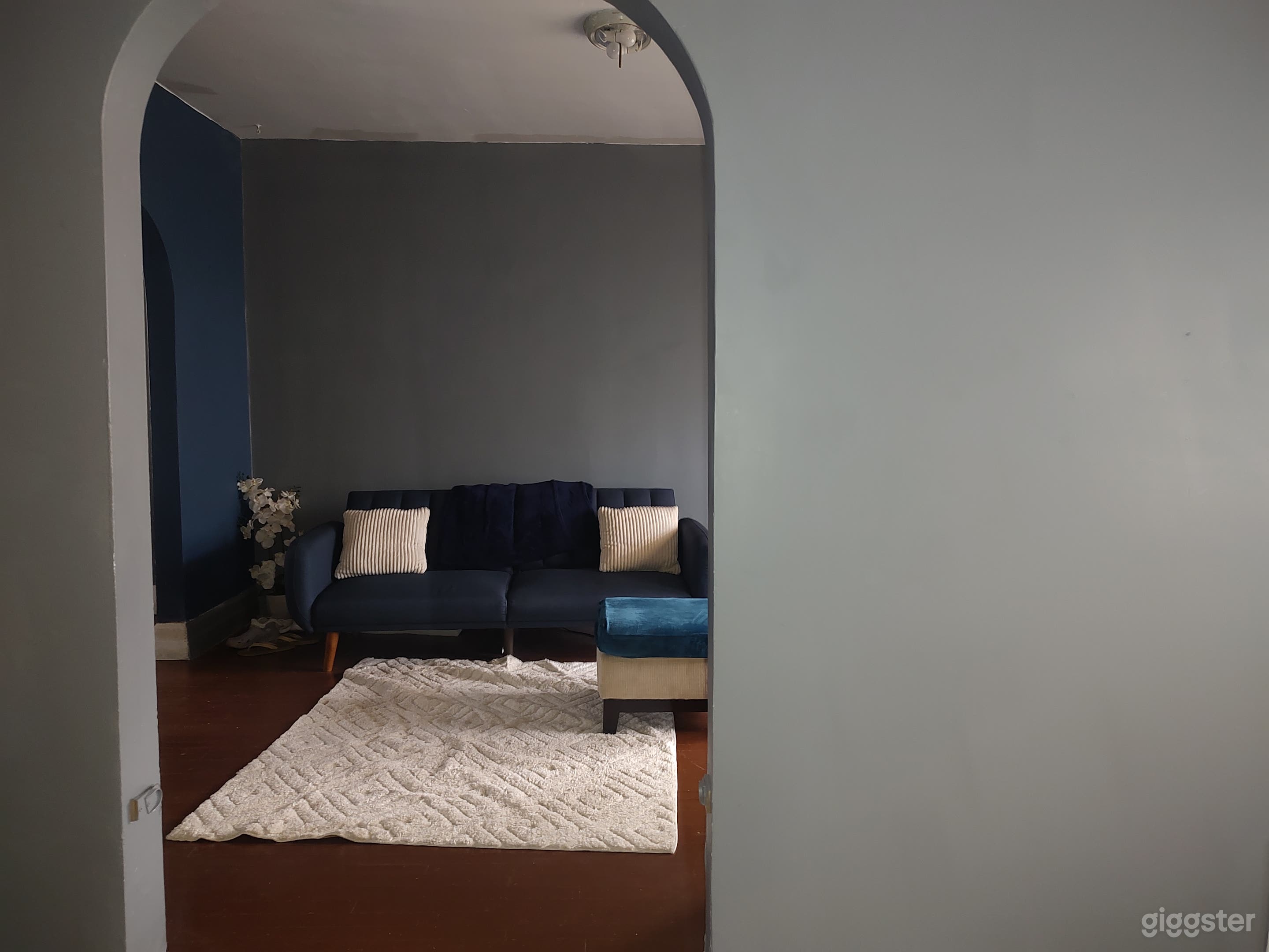 Open space with textured furniture and rugs. Inviting and private