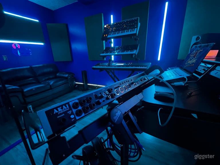  Studio A: Studio A is our flagship space, equipped with state-of-the-art recording technology, mood lighting, UAD audio interfaces, and a platform riser for the command center. Ideal for recording vocals, mixing sessions, and composition.
 