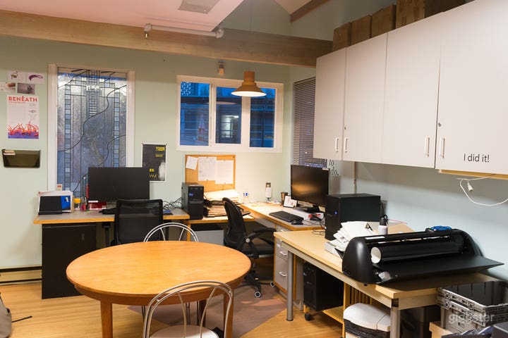 this the back office showing the stain glass window 