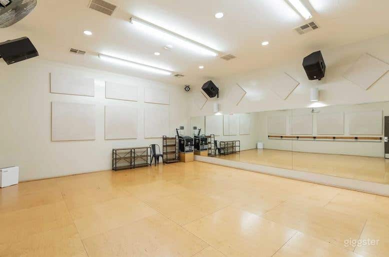 24'W x 22'D ~ (540sq ft)
MAX Occupancy = 10-15 people
12ft ceiling 
Individually controlled A/C
Sprung maple floor
Wall-mounted ballet barres
22'W x 7'H ~ Wall of Mirrors
State of the art sound