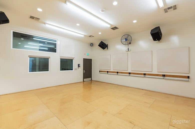 24'W x 22'D ~ (540sq ft)
MAX Occupancy = 10-15 people
12ft ceiling 
Individually controlled A/C
Sprung maple floor
Wall-mounted ballet barres
22'W x 7'H ~ Wall of Mirrors
State of the art sound