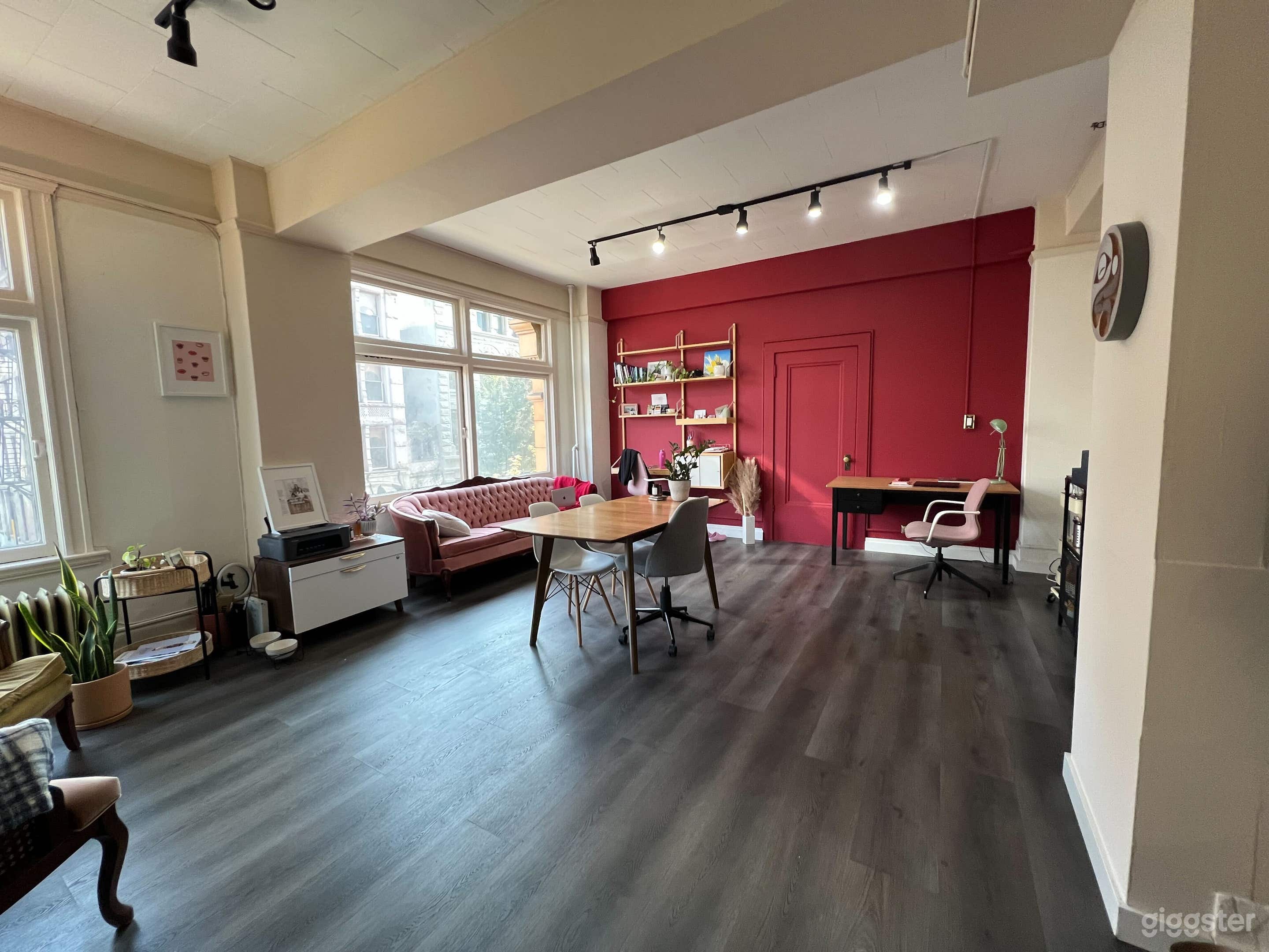 Enjoy lots of desk and table seating, or take a spot on our comfy velvet couch!