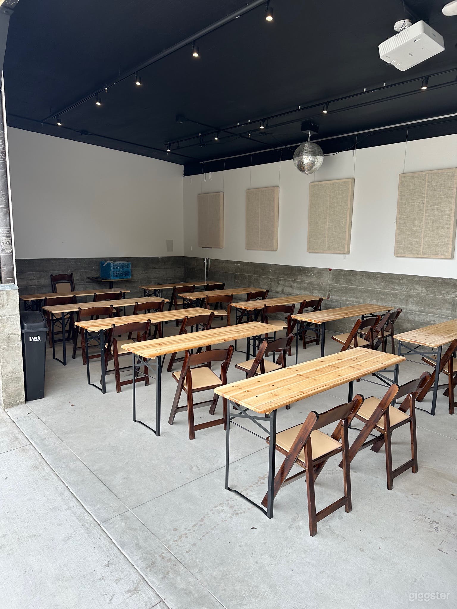 Classroom setup in the barn with 24' projector and integrated sonos available