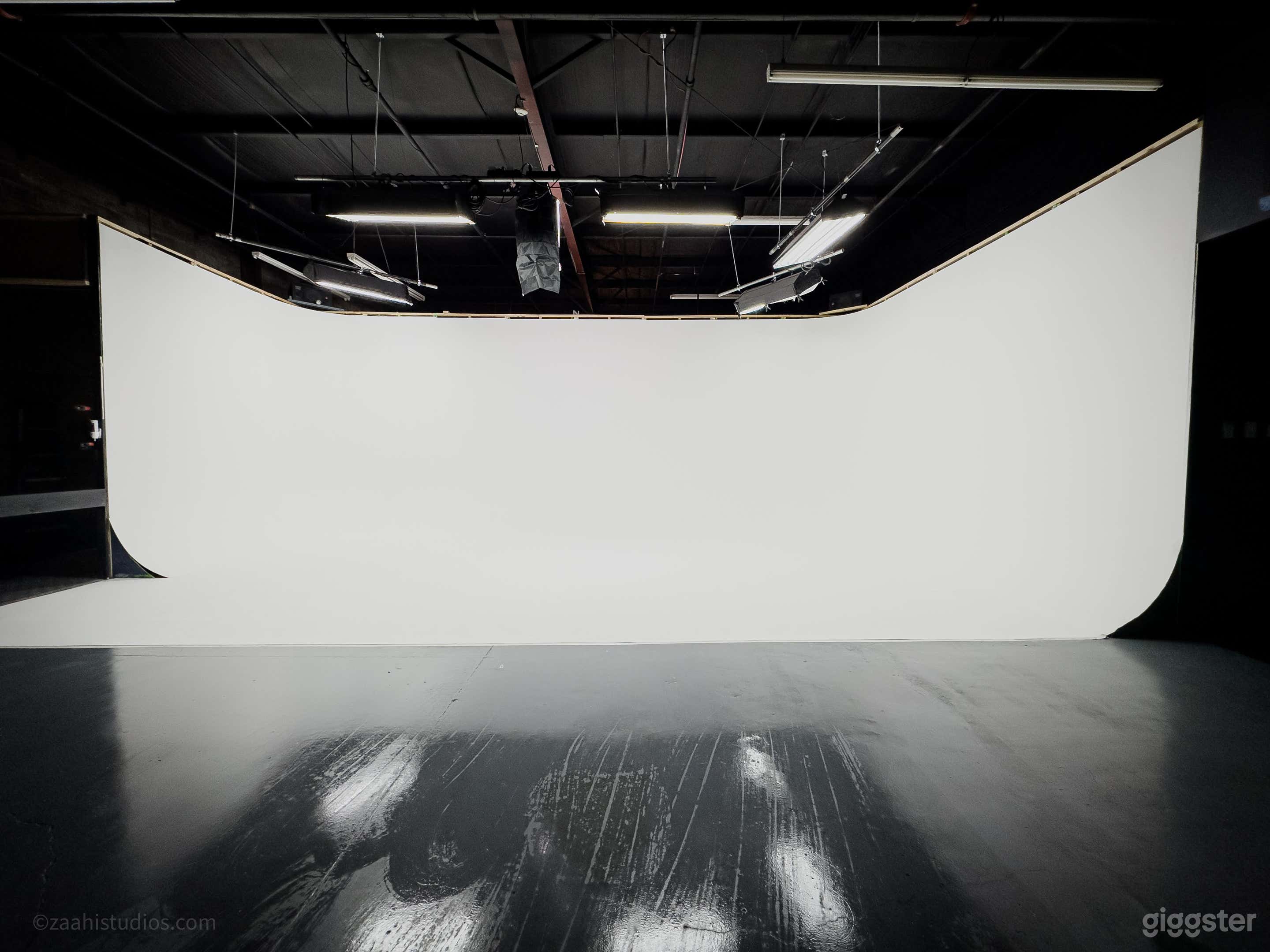 At 32' x (12' Left Wall and 18' Right Wall) x 12' our  White Cyc is perfect for your next commercial photography or videography production where you need plenty of space to work.  